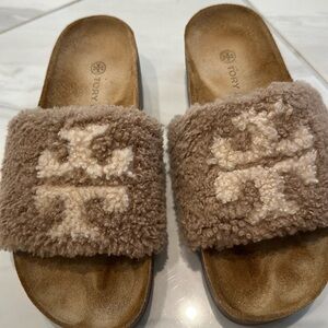Tory Burch double T shearling cork platforms